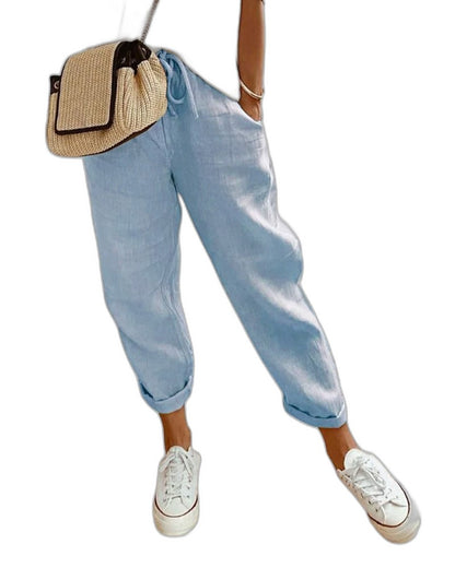 Effortless Beige Linen Pants for Women with High Waisted Cropped Pockets Casual Style