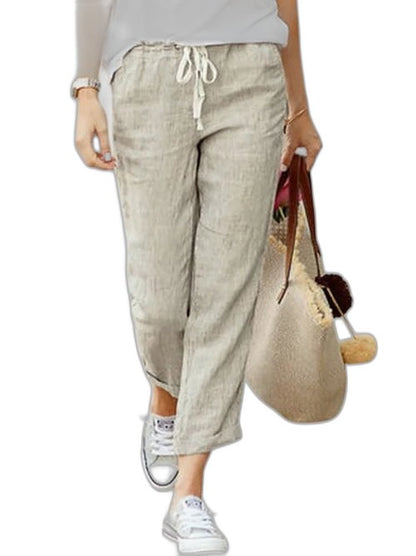 Effortless Beige Linen Pants for Women with High Waisted Pockets Casual Style
