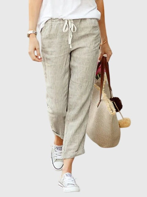 Effortless Beige Linen Pants for Women with High Waisted Pockets Casual Style