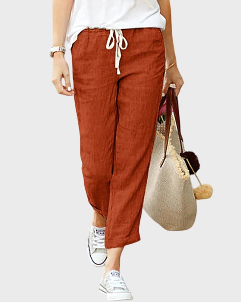 Effortless Beige Linen Pants for Women with High Waisted Pockets Casual Style