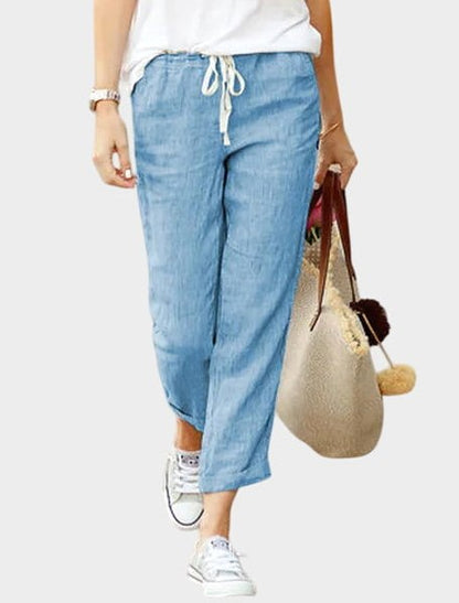 Effortless Beige Linen Pants for Women with High Waisted Pockets Casual Style