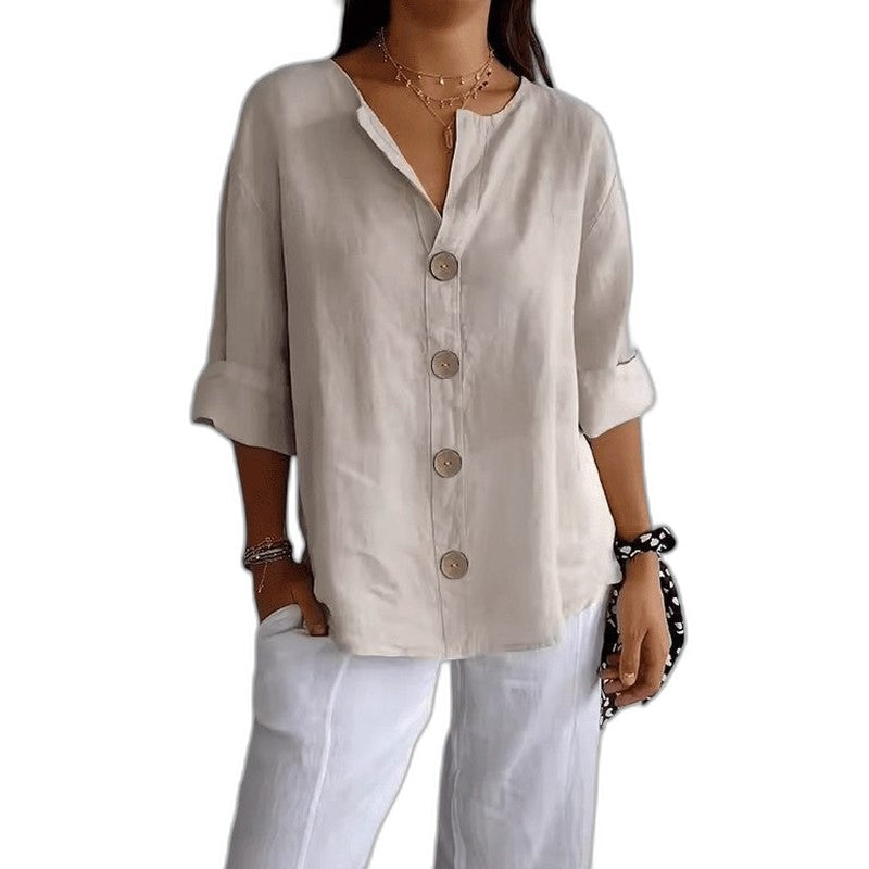 Effortless Beige Linen Shirt for Women with Collared Long Sleeve Button Front Oversized Casual Style