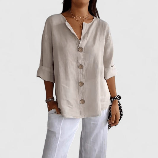 Effortless Beige Linen Shirt for Women with Collared Long Sleeve Button Front Oversized Casual Style