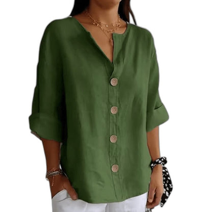 Effortless Beige Linen Shirt for Women with Collared Long Sleeve Button Front Oversized Casual Style