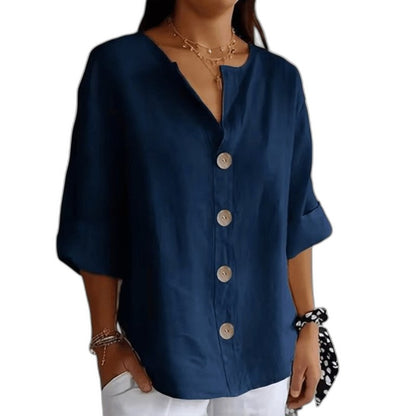 Effortless Beige Linen Shirt for Women with Collared Long Sleeve Button Front Oversized Casual Style