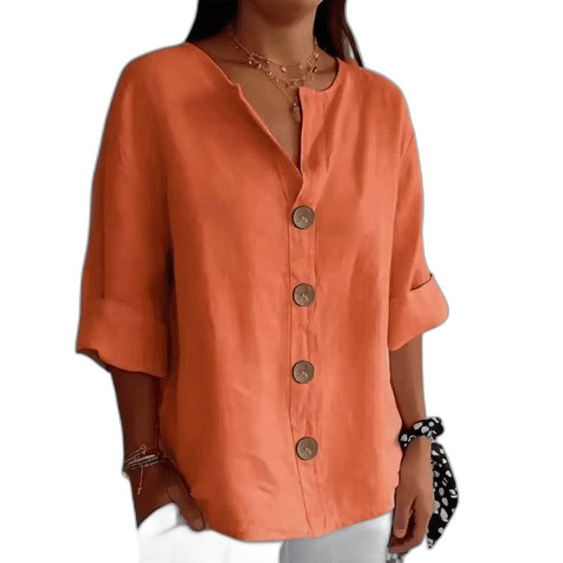 Effortless Beige Linen Shirt for Women with Collared Long Sleeve Button Front Oversized Casual Style