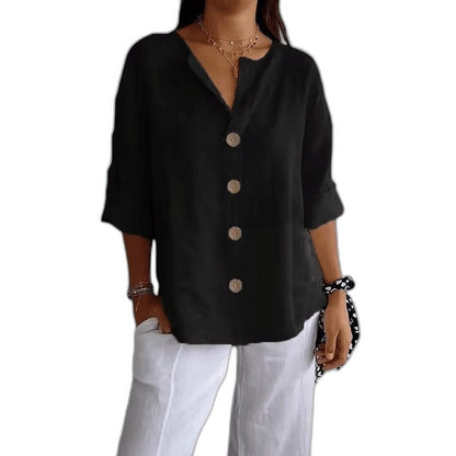 Effortless Beige Linen Shirt for Women with Collared Long Sleeve Button Front Oversized Casual Style