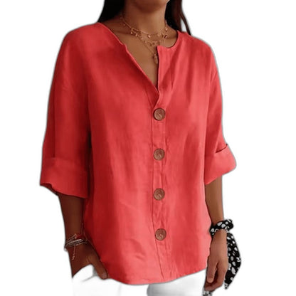 Effortless Beige Linen Shirt for Women with Collared Long Sleeve Button Front Oversized Casual Style