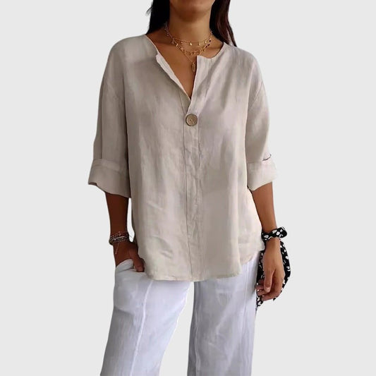Effortless Beige Linen Shirt for Women with V Neck Long Sleeve Button Front Oversized Casual Style