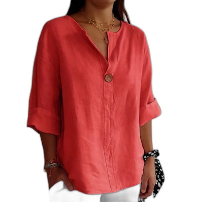 Effortless Beige Linen Shirt for Women with V Neck Long Sleeve Button Front Oversized Casual Style