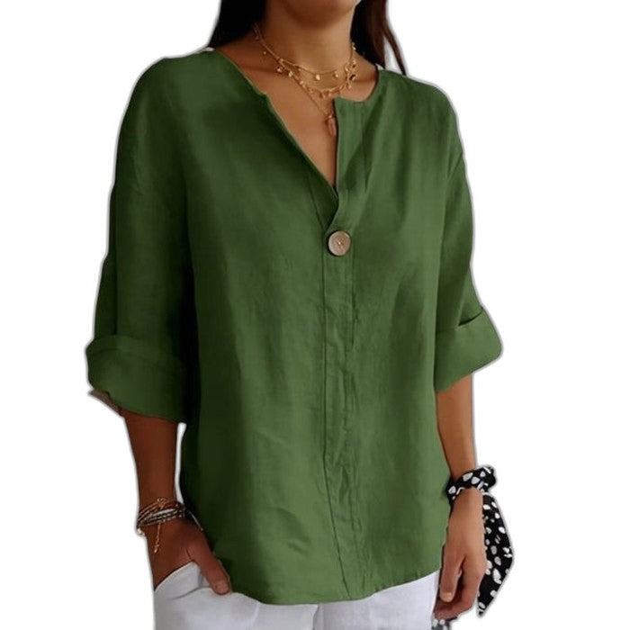 Effortless Beige Linen Shirt for Women with V Neck Long Sleeve Button Front Oversized Casual Style