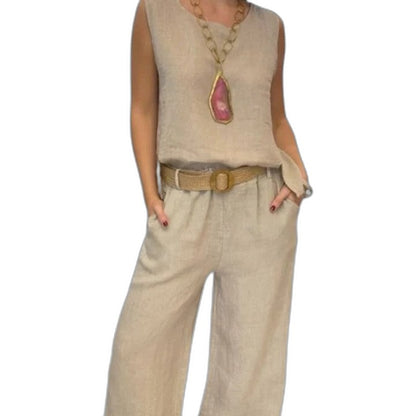 Effortless Beige Linen Two Piece Set for Women with Belted Casual Style