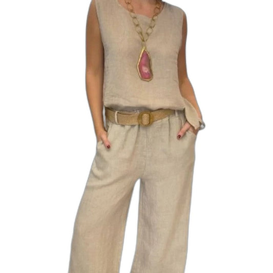 Effortless Beige Linen Two Piece Set for Women with Belted Casual Style
