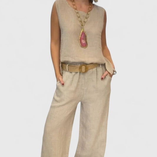 Effortless Beige Linen Two Piece Set for Women with Belted Casual Style