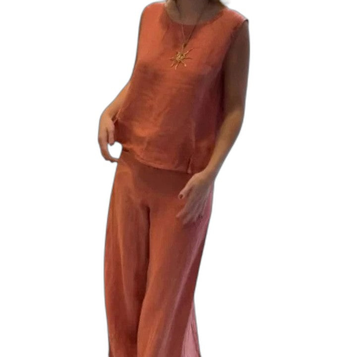 Effortless Beige Linen Two Piece Set for Women with Belted Casual Style