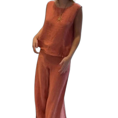 Effortless Beige Linen Two Piece Set for Women with Belted Casual Style