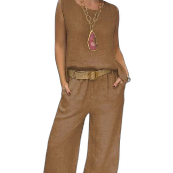 Effortless Beige Linen Two Piece Set for Women with Belted Casual Style