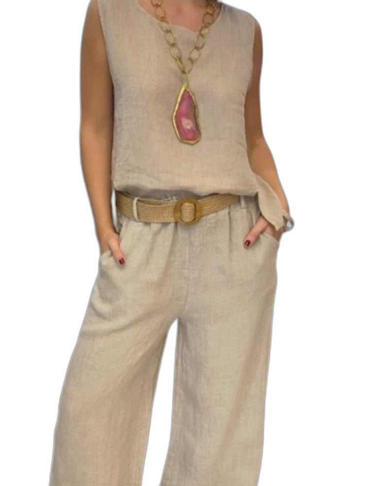 Effortless Beige Linen Two Piece Set for Women with Belted Wide Leg Pockets Casual Style
