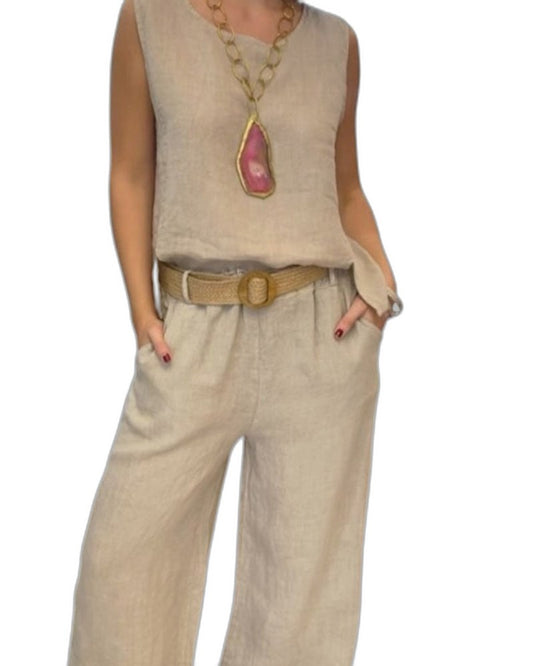 Effortless Beige Linen Two Piece Set for Women with Belted Wide Leg Pockets Casual Style