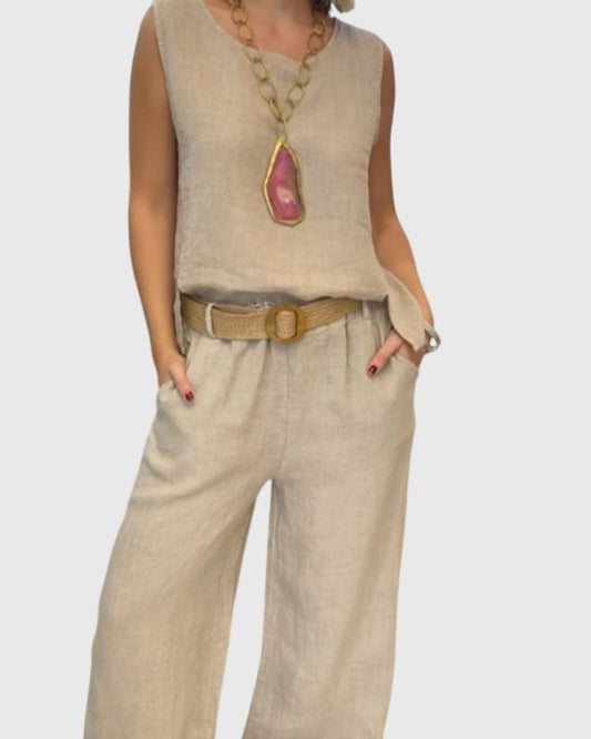 Effortless Beige Linen Two Piece Set for Women with Belted Wide Leg Pockets Casual Style