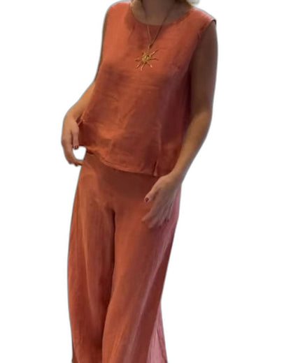 Effortless Beige Linen Two Piece Set for Women with Belted Wide Leg Pockets Casual Style