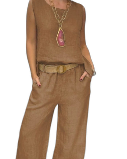 Effortless Beige Linen Two Piece Set for Women with Belted Wide Leg Pockets Casual Style