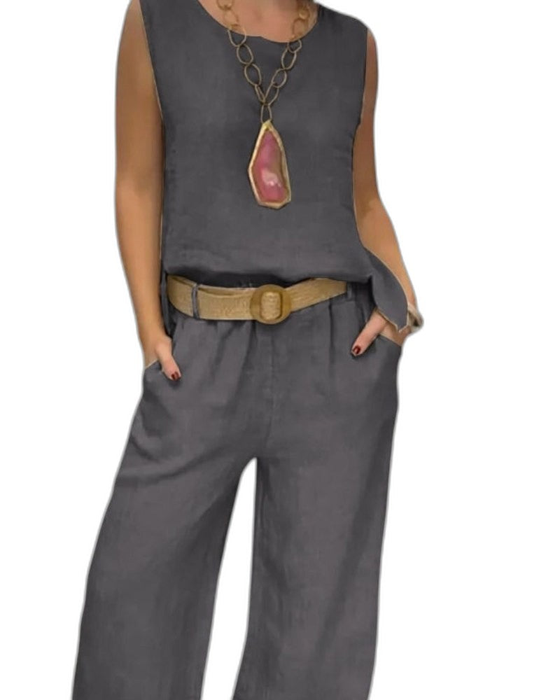 Effortless Beige Linen Two Piece Set for Women with Belted Wide Leg Pockets Casual Style