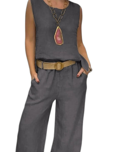 Effortless Beige Linen Two Piece Set for Women with Belted Wide Leg Pockets Casual Style