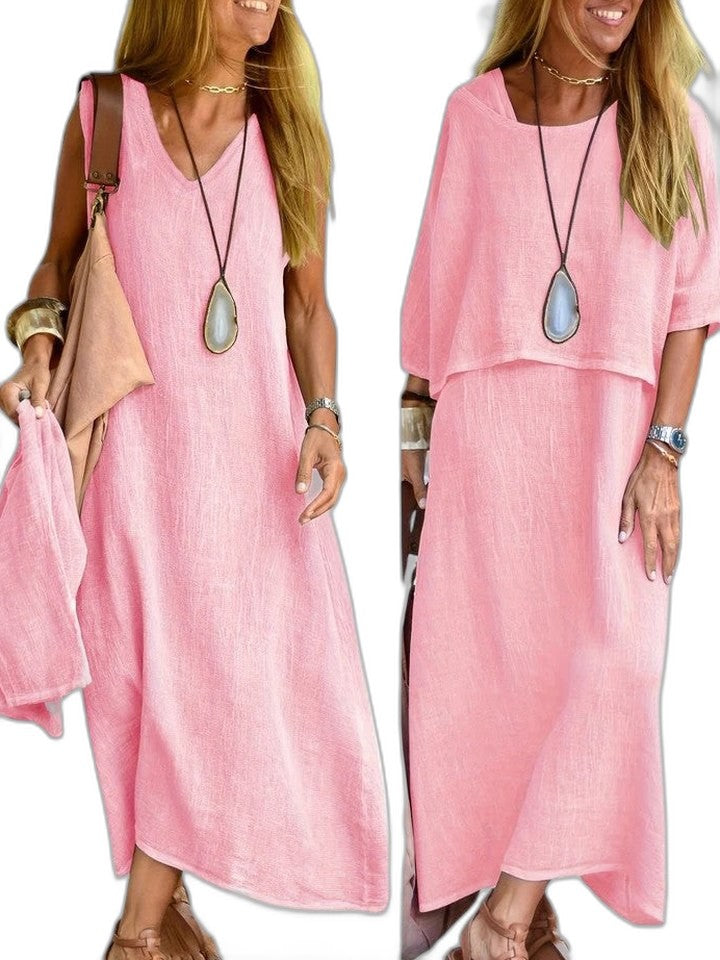 Effortless Beige Linen Two Piece Set for Women with Flowing Casual Style