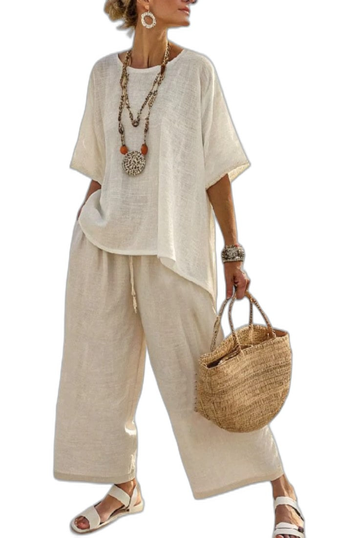 Effortless Beige Linen Two Piece Set for Women with Oversized Casual Style