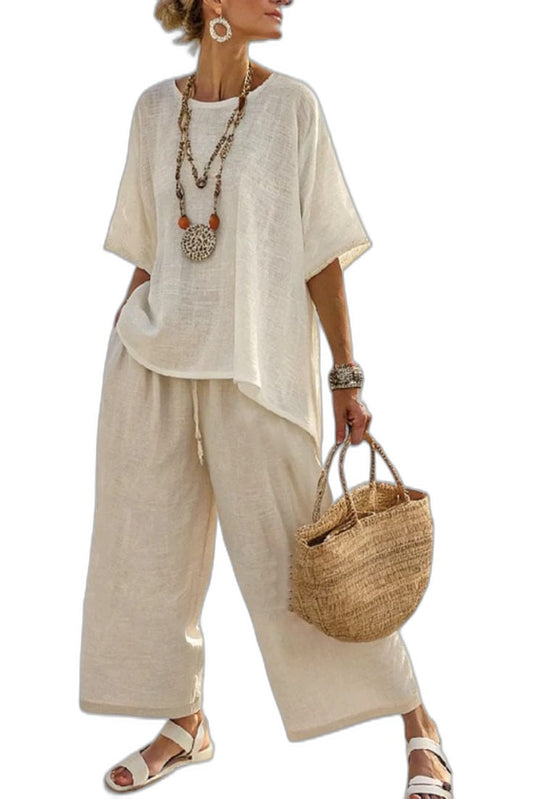 Effortless Beige Linen Two Piece Set for Women with Oversized Casual Style