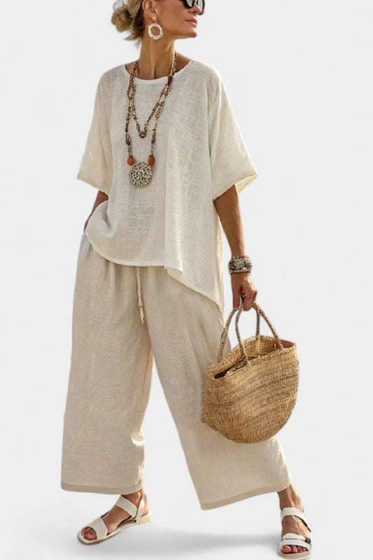 Effortless Beige Linen Two Piece Set for Women with Oversized Casual Style