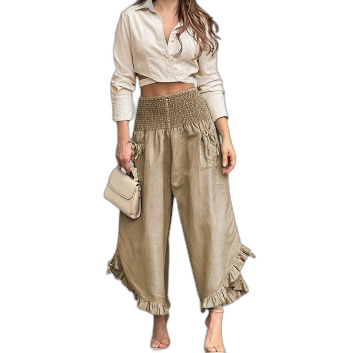 Effortless Beige Linen Two Piece Set for Women with Ruffle Wide Leg Casual Style