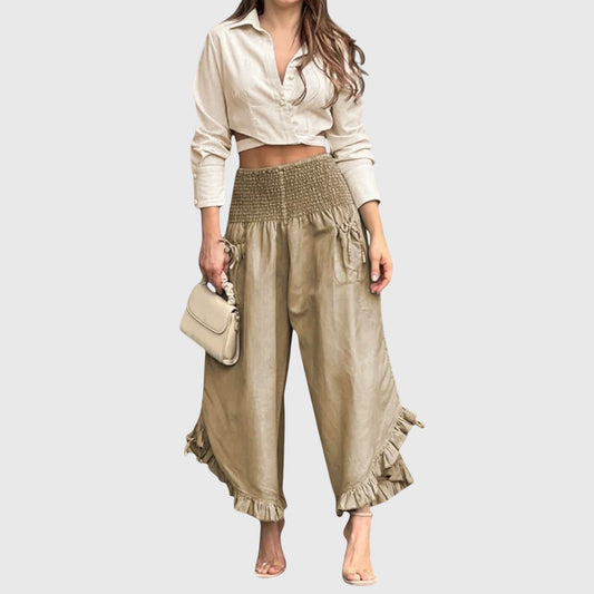 Effortless Beige Linen Two Piece Set for Women with Ruffle Wide Leg Casual Style