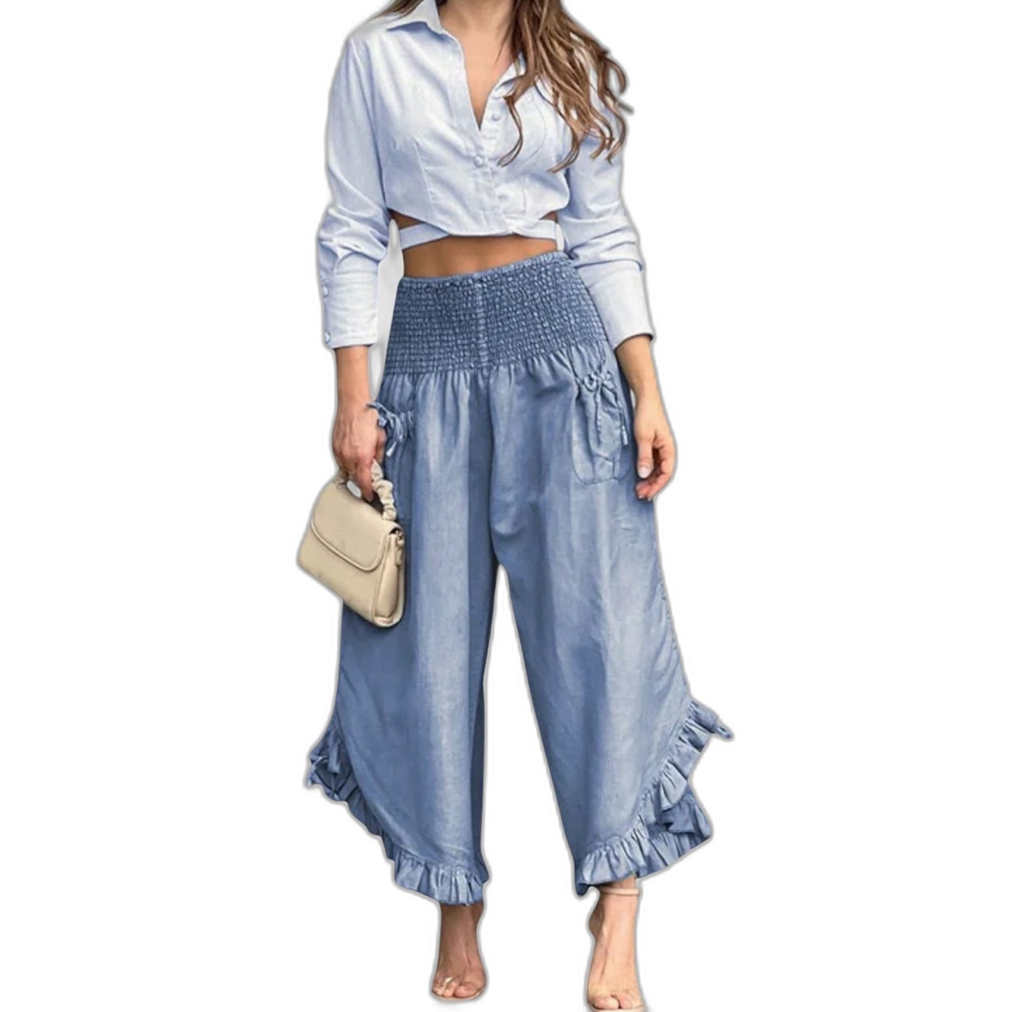 Effortless Beige Linen Two Piece Set for Women with Ruffle Wide Leg Casual Style