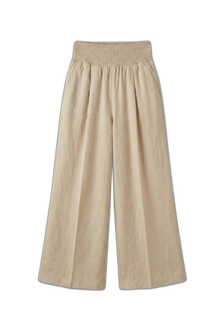 Effortless Beige Linen Wide Leg Pants for Women with High Waisted Cropped Palazzo Casual Style