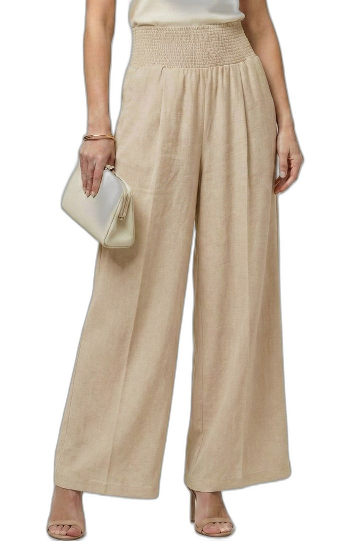 Effortless Beige Linen Wide Leg Pants for Women with High Waisted Cropped Palazzo Casual Style
