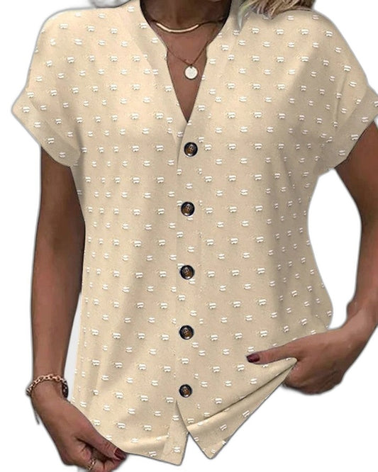 Effortless Beige Polka Dot Blouse for Women with V Neck Short Sleeve Button Front Casual Style