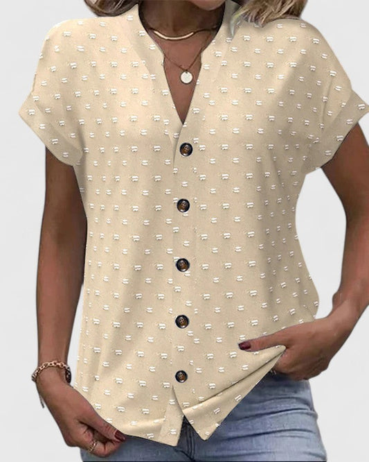 Effortless Beige Polka Dot Blouse for Women with V Neck Short Sleeve Button Front Casual Style