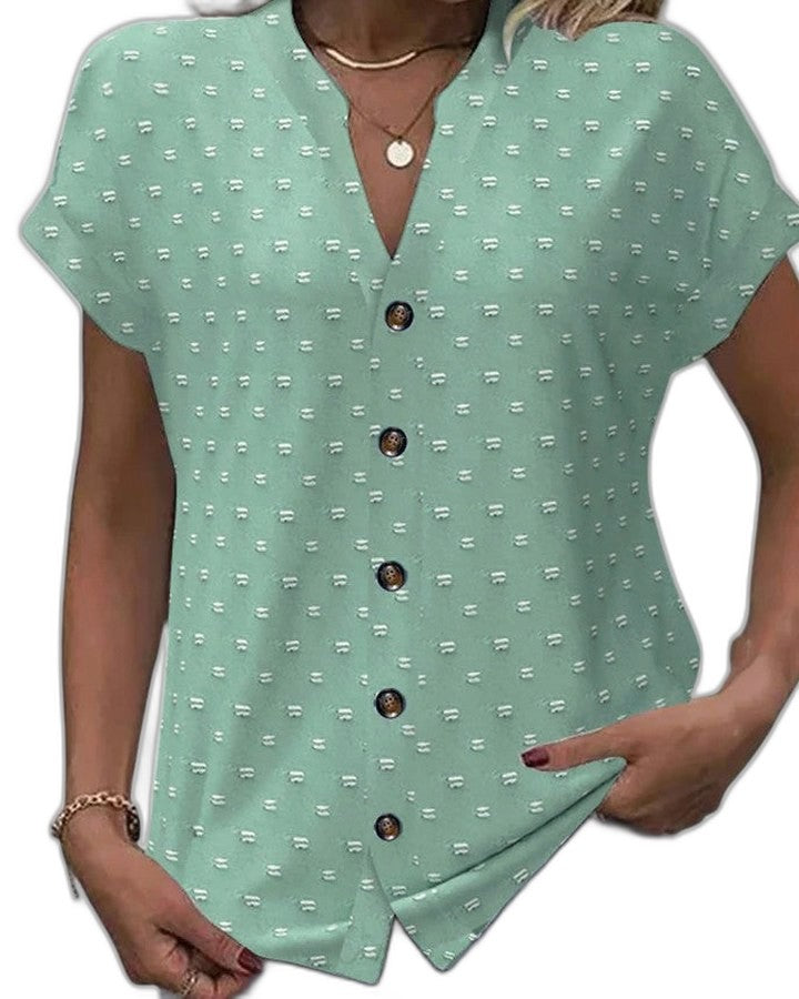 Effortless Beige Polka Dot Blouse for Women with V Neck Short Sleeve Button Front Casual Style