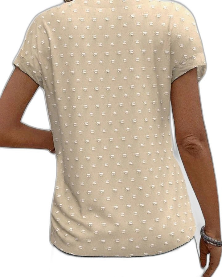 Effortless Beige Polka Dot Blouse for Women with V Neck Short Sleeve Button Front Casual Style