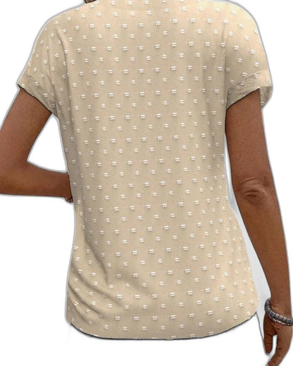 Effortless Beige Polka Dot Blouse for Women with V Neck Short Sleeve Button Front Casual Style