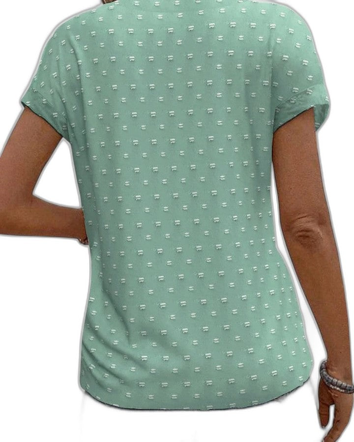 Effortless Beige Polka Dot Blouse for Women with V Neck Short Sleeve Button Front Casual Style
