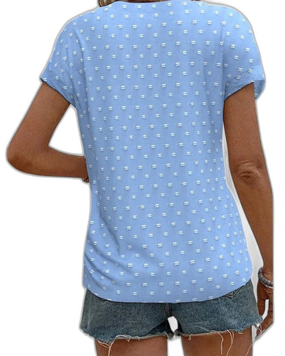 Effortless Beige Polka Dot Blouse for Women with V Neck Short Sleeve Button Front Casual Style