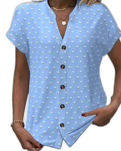 Effortless Beige Polka Dot Blouse for Women with V Neck Short Sleeve Button Front Casual Style