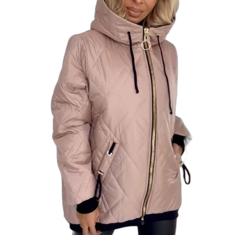 Effortless Beige Puffer Jacket for Women with High Neck Long Sleeve Pockets Casual Style