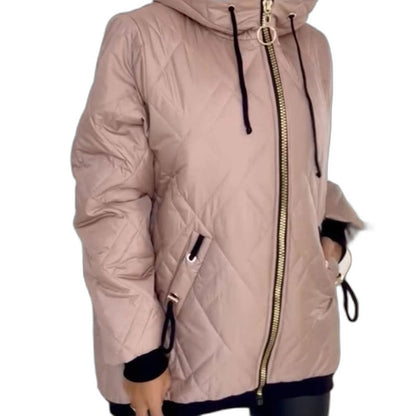 Effortless Beige Puffer Jacket for Women with High Neck Long Sleeve Pockets Casual Style
