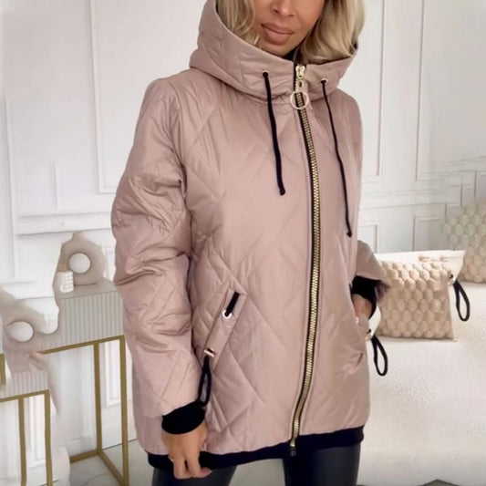 Effortless Beige Puffer Jacket for Women with High Neck Long Sleeve Pockets Casual Style