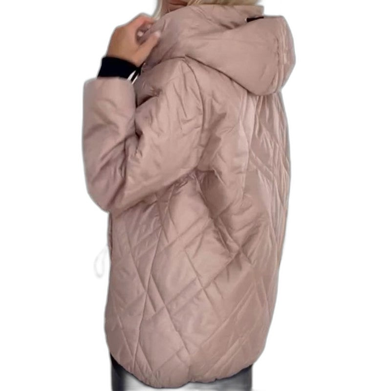 Effortless Beige Puffer Jacket for Women with High Neck Long Sleeve Pockets Casual Style
