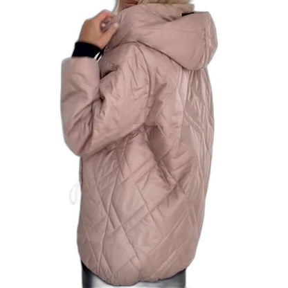 Effortless Beige Puffer Jacket for Women with High Neck Long Sleeve Pockets Casual Style